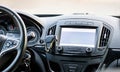 Car navigation system. GPS device in car help driver to find the way. Blank screen with place for text Royalty Free Stock Photo