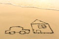 Car is near the house drawn by hand on a sandy sea beach. Royalty Free Stock Photo