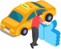 Car Near Thumb Up Icon, Feedback, Rating Symbol. Man Evaluates Work Of Taxi Service