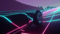 Car in neon cyberpunk style. 80s retrowave background animation. Retro futuristic car drive through neon city. 3d illustration