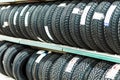 Car new tires stacked in rows in the store