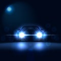 Car at night with bright headlights on a dark background with bokeh, car silhouette xenon headlights, vector illustration