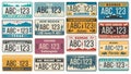 Car number license plate. Retro USA cars registration number signs, Texas, Wisconsin and Kansas license plates vector