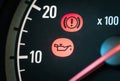 Car with oil and hand break icon. Warning, maintenance and service lights in dashboard. Royalty Free Stock Photo