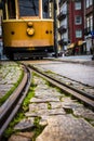 In the car of an old tram. Seats for passengers and control cabin Royalty Free Stock Photo