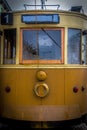 In the car of an old tram. Seats for passengers and control cabin Royalty Free Stock Photo
