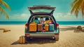 A car with an open trunk with many things and suitcases is standing on the beach by the sea