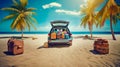 A car with an open trunk with many things and suitcases is standing on the beach by the sea