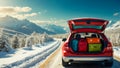 Car with open trunk, suitcases the road winter