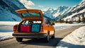 Car with open trunk, suitcases the road winter holiday