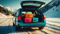 Car with open trunk, suitcases the road winter holiday leisure