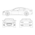 Car in outlines. Front, side, rear view. Set of modern vehicle blueprints isolated on white background Royalty Free Stock Photo