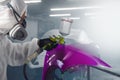 Car paint worker spraying purple paint to car body element using spray gun in vehicle workshop chamber. Complex Royalty Free Stock Photo