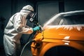 Car Painter in Action, Creating a Flawless Paint Job in a Professional Workshop. created with Generative AI