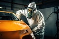 Car Painter in Action, Creating a Flawless Paint Job in a Professional Workshop. created with Generative AI