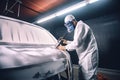 Car painter in protective clothes paints automobile with paint in chamber workshop. Generative AI Royalty Free Stock Photo