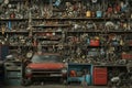 A car parked in front of a wall filled with various tools, creating a practical and organized scene, A depiction of a plethora of Royalty Free Stock Photo