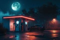 Car Parked at Gas Station at Night, Moonlight streaming over an isolated countryside electric vehicle charging station, AI Royalty Free Stock Photo