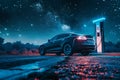 A car parked at a gas station during the nighttime, with bright lights illuminating the scene as it refuels, Electric car at a Royalty Free Stock Photo