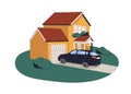 Car parked at house. Outside of home building with closed garage and auto transport. Dwelling, automobile outdoors. Real