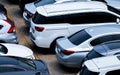 Car parked at parking lot of the airport for rental. Aerial view of car parking lot of the airport. Used luxury car for sale and Royalty Free Stock Photo