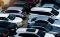 Car parked at parking lot of the airport for rental. Aerial view of car parking lot of the airport. Used luxury car for sale and Royalty Free Stock Photo