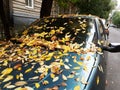 The car is parked on the street of the ancient city and covered with yellow autumn foliage. Abandoned transport. Weather forecast