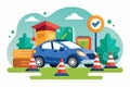 A car is parked among traffic cones and learning materials in a vibrant setting, highlighting the driving school concept and Royalty Free Stock Photo