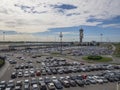 Car Parking and Airport Control Tower, Milan Malpensa Airport -Italy Royalty Free Stock Photo