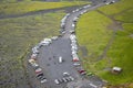 Car parking on the black beach of Reynisfjara. Iceland. Travel and tourism