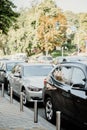 Car parking. Black premium cars parked in city centre. Car Parking Problem in Urban Areas. Kiev, Ukraine - September 02, 2019