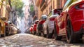 Car parking lot outdoors, back cars in row parked on the side of the street Royalty Free Stock Photo