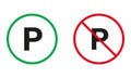 Car Parking Red and Green Warning Sign. Transport Entry Silhouette Icons Set. Parking Vehicle Allowed, Prohibited