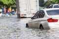 Car parking on the street and show level of water flooding in Ba Royalty Free Stock Photo