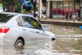 Car parking on the street and show level of water flooding in Ba Royalty Free Stock Photo