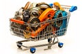 Car parts and auto spare in shopping basket on white. Generative AI Royalty Free Stock Photo