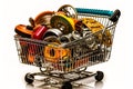 Car parts and auto spare in shopping basket on white. Generative AI Royalty Free Stock Photo