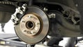 Closeup car disk brake maintenance service in car garage and copy spcae