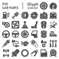 Car parts glyph icon set, auto details symbols collection, vector sketches, logo illustrations, automotive repair signs