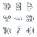 car parts line icons. linear set. quality vector line set such as alternator, shock, nut, brake pad, oil, pistons, car door, oil