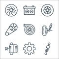 car parts line icons. linear set. quality vector line set such as shock, gear, alternator, suspension, turbo engine, belt, wheel,