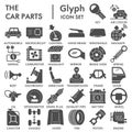 Car parts solid icon set, vehicle repairing symbols collection or sketches. Car inside and outside glyph style signs for Royalty Free Stock Photo