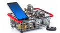 Car parts, spares and accesoires in shopping basket and smartpho