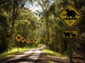 Car pass a warning road sign to beware of Kangaroo and Wombat ne Royalty Free Stock Photo