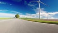 Car Passing On Asphalt Road Near Large Windmill Generators