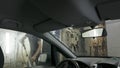 Car passing through the car wash, a person washes the car with a non-contact sink, a view from inside the car