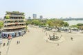 Car and people traffic in the city center. Typical cafes and restaurants Royalty Free Stock Photo