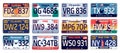 Car plate usa states. State id numbers collection, country registration tags, driver license for Florida, Oregon Royalty Free Stock Photo