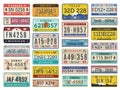 Car plates. Highway automobile license numbers old retro style vector signs collection