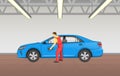 Car Polishing in Garage Job Vector Illustration